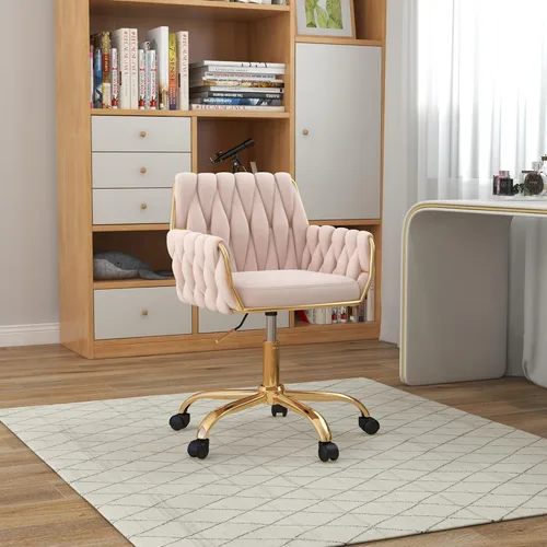 Miniatura 2 de Silla de terciopelo para oficina en casa, moderna silla de tocador de altura ajustable, silla de maquillaje giratoria de 360° con base dorada y Rosa