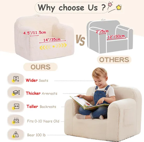 Miniatura 7 de Tiita Sofá para niños, sofá para niños con asa de transporte, sofá portátil de espuma para niños, silla ligera para sala de juegos, dormitorio, Beige