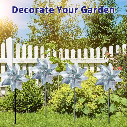 Miniatura 6 de 10 molinillos reflectantes plateados de 21 pulgadas con estacas, molinos de viento para decoración de jardín al aire libre, césped, decoración