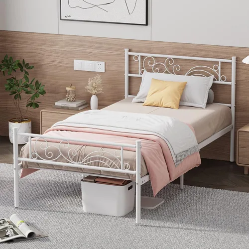 Miniatura 8 de Weehom Base de cama de metal con cabecero y estribo, no necesita somier, plataforma completa, color negro