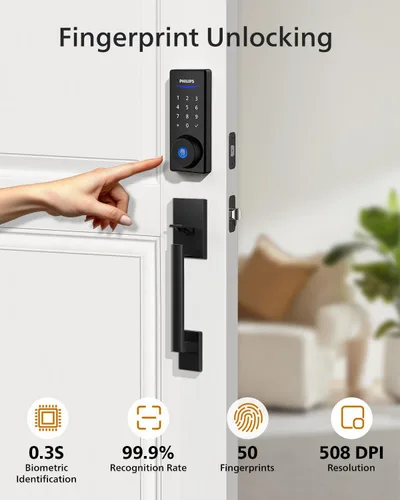 Miniatura 5 de Philips Cerradura de puerta inteligente WiFi con asa, juego de cerradura de puerta delantera Wi-Fi, juego de manijas de bloqueo de huellas