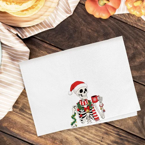 Miniatura 6 de Divertidas toallas de cocina de esqueleto navideño, toallas de mano góticas de Navidad para decoración de baño, rústico, retro, espeluznante