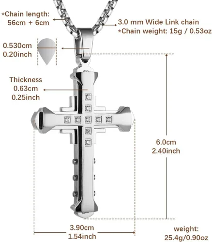 Miniatura 5 de HZMAN Religion - Collar con colgante de cruz de circonita cúbica de acero inoxidable bizantino grande para hombre, cadena de 22 + 2 pulgadas
