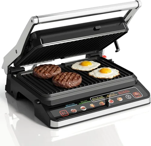Parrilla y plancha para interiores 3 en 1: apertura plana de 180°, menú preestablecido, sandwichera de prensa Panini eléctrica de 1600 W con placas