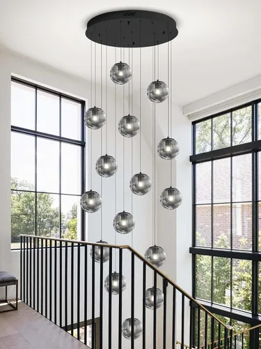 Miniatura 40 de ykolupty Escalera LED de 10 luces LED moderna con globo de cristal, lámpara colgante grande para techos altos, accesorios de iluminación de entrada