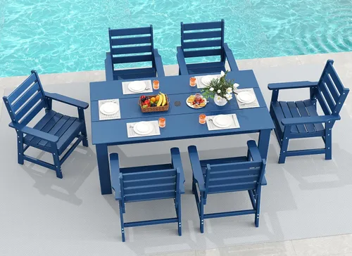 Miniatura 24 de GREENVINES Juego de comedor al aire libre de 7 piezas Juegos de mesa y sillas de plástico HDPE de 67 pulgadas para 6 Muebles de patio Todo