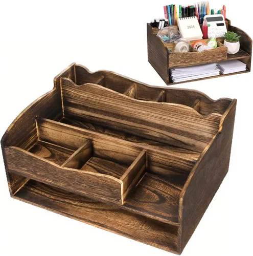Covzoe Organizador de escritorio de madera con organizador de archivos, soporte para lápices vintage con 9 compartimentos, estuche de almacenamiento