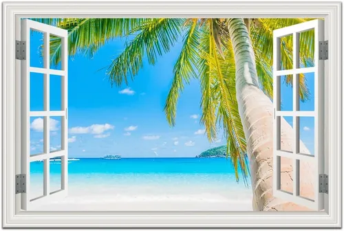 Miniatura 17 de Cuadro de pared de playa tropical para sala de estar, lienzo estilo marco de ventana, decoración de pared, palmera, impresión artística costera