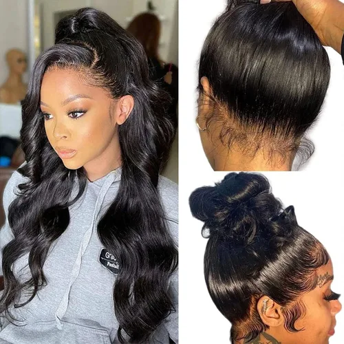 Miniatura 16 de Pelucas de encaje frontal de onda corporal 360 de cabello humano para mujeres, sin pegamento, previamente despuntadas con pelillos, 180 % de Peluca