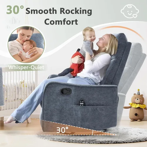 Miniatura 5 de cinkehome Silla Reclinable Mecedora Giratoria con Masaje y Calefacción para Guardería - Silla Reclinable de Espacio Pequeño con Soporte Lumbar, Giro