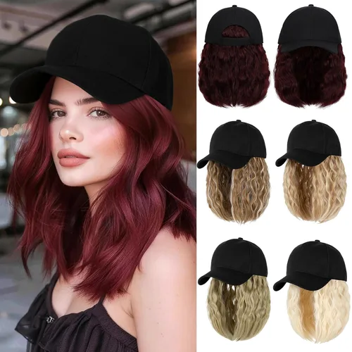 Miniatura 20 de Gorra de béisbol con extensiones de cabello, peluca ajustable, gorra rizada de 14 pulgadas, peluca sintética para mujer, marrón claro mezcla
