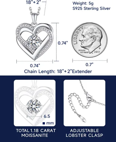Miniatura 61 de MomentWish Collar de corazón para mujer, moissanita, diamante de imitación, plata de ley 925