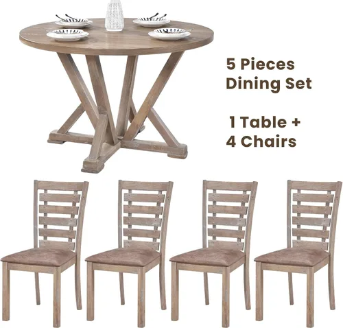 Miniatura 2 de Mesa de comedor redonda para 4-6 personas con estante de almacenamiento, base de madera maciza, diseño de dos tonos, mesa de cocina redonda ideal