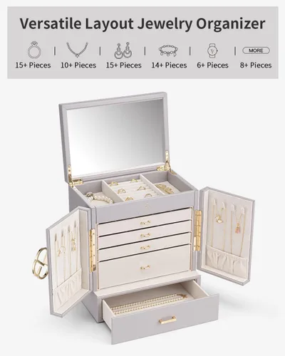 Miniatura 3 de Vlando Caja organizadora de joyas grande, caja de almacenamiento de joyas de 5 capas con espejo y 4 cajones para aretes, collares, anillos