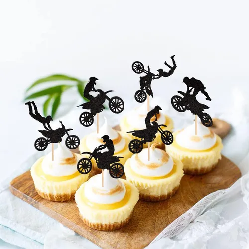 Miniatura 3 de 24 piezas de adornos para magdalenas de motocicleta, con purpurina negra, motocross, fiesta de motocross, para deportes, tema de motocross