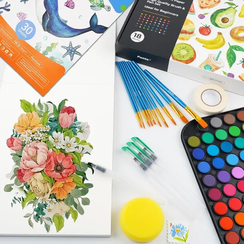 Miniatura 6 de Funto Juego de acuarela, juego de pintura de 48 colores, 10 pinceles, 30 páginas (9 x 12 pulgadas), 4 bolígrafos recargables y más, kit de pintura