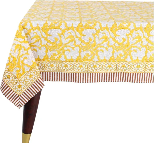 Miniatura 80 de Ridhi Mantel rectangular de algodón con estampado de bloque a mano amarillo mostaza, 102 x 48 pulgadas, reutilizable, decorativo para uso diario