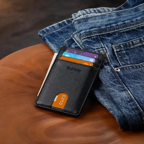 Miniatura 137 de Buffway Billetera delgada para hombre, minimalista con bolsillo frontal delgado, tarjetero de cuero con bloqueo RFID para viajes de trabajo
