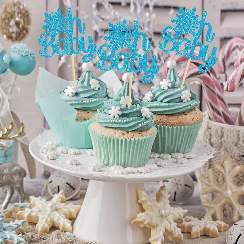Miniatura 4 de Gyufise Paquete de 24 adornos de copos de nieve Oh Baby para cupcakes con purpurina azul Frozen Oh Baby Pick Decoraciones para baby shower