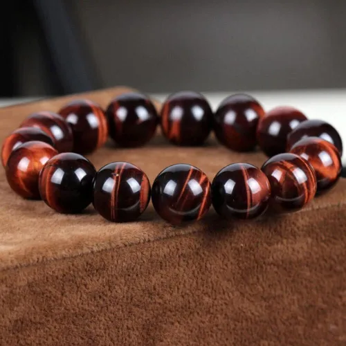 Miniatura 2 de Pulsera de cuentas redondas de piedra de ojo de tigre rojo natural, brazalete elástico (tamaño 0.551in)
