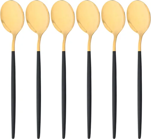 Miniatura 9 de Juego de 6 tenedores de ensalada, tenedores de postre, cubiertos de acero inoxidable 18/0 pulido de espejo de 7.48 pulgadas (negro dorado, 6 piezas)
