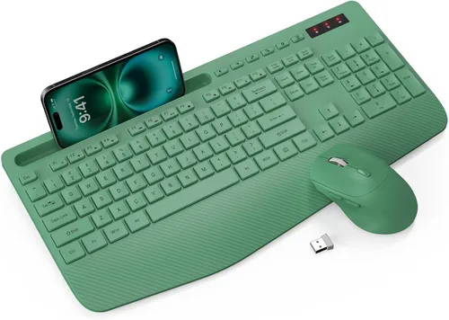 Miniatura 14 de Combo de teclado y ratón inalámbrico - Teclado ergonómico de tamaño completo con reposa muñecas, soporte para teléfono, modo de suspensión, combo