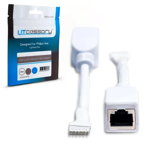 Litcessory Adaptador de cable Ethernet RJ45 a 6 pines para tira de luz Philips Hue/WiZ (2 unidades, un par, blanco, tira de luz estándar de 6 pines