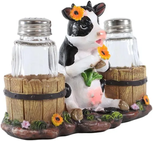 Miniatura 3 de Ebros Gift Preciosa vaca de girasol con barriles de leche de granja antigua, cristal decorativo, salero, pimienta, figurita de resina, 7 pulgadas