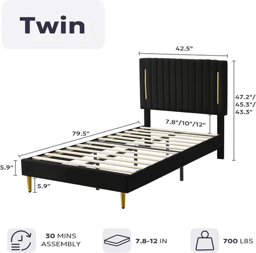 Miniatura 2 de Furnify Armazón de Cama de Plataforma Twin, Marco de Cama Tapizado en Terciopelo con Cabecera Ajustable de Canal Vertical, Ribete de Enchapado