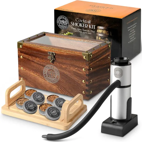 BOURBON & BARREL Kit para Ahumar Cócteles | Elaborado con Madera de Nogal | Kit para Ahumar Whisky con Ahumador Instantáneo, Caja para Ahumar, Caja