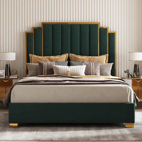 Miniatura 11 de AMERLIFE Cama tapizada tamaño Queen, marco de cama de terciopelo moderno con cabecera de ribete dorado de 61.4 pulgadas de alto, no necesita somier