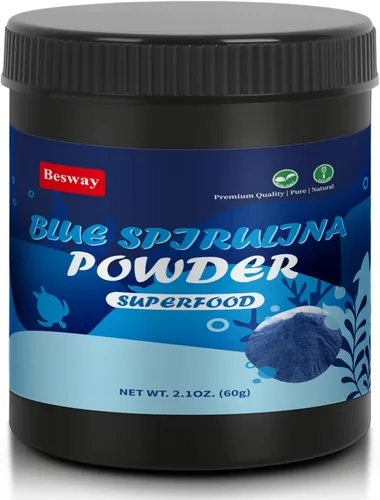 Polvo de espirulina azul de 2.16 onzas, 60 porciones de colorante natural azul para hornear, bebidas y batidos, proteína vegana 40% + superalimento