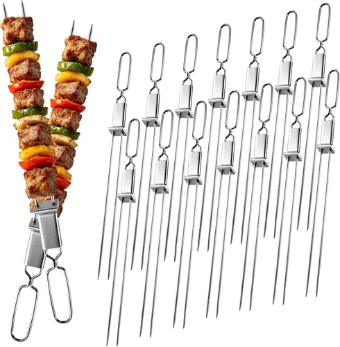 Miniatura 10 de Brochetas para Asar - Brochetas de 33 cm con Barra de Empuje de Doble Punta Antideslizante de Metal para Kabobs, Brocheta de Acero Inoxidable