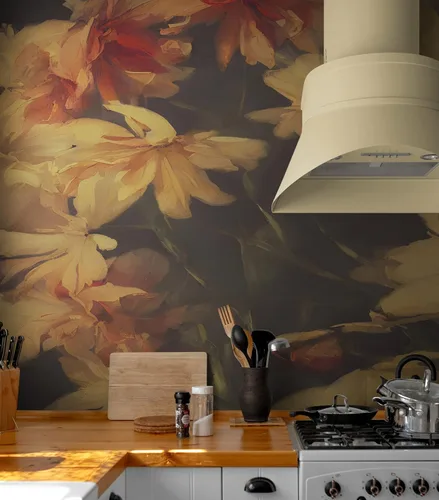 Fondo oscuro vintage con flores amarillas papel tapiz botánico. Papel tapiz despegable y pegable, papel tapiz removible, floral oscuro, papel tapiz