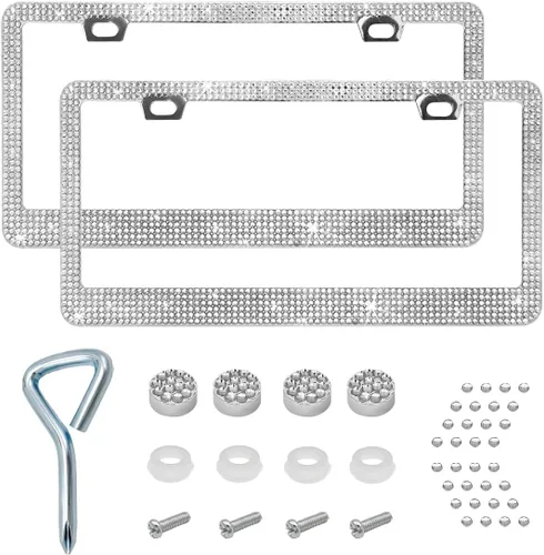 Miniatura 16 de Ziciner 2 piezas de marco de matrícula brillante, cubierta de etiqueta de matrícula brillante con diamantes de imitación multifacéticos, soporte