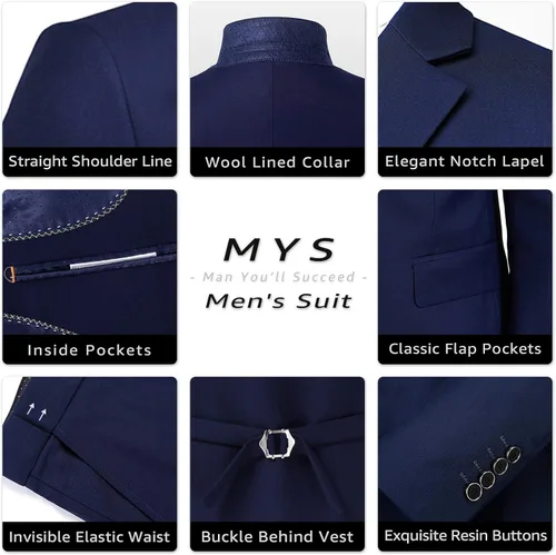 Miniatura 5 de MY'S - Conjunto de traje ajustado de 3 piezas con chaqueta con un botón, chaleco, corbata y pantalones