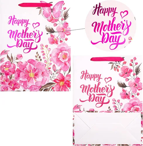 Miniatura 6 de LeZakaa Bolsa de regalo para el día de la madre, letras del día de la madre, diseño floral rosa, mariposa y papel de aluminio rosa, bolsa de regalo