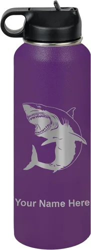 Miniatura 51 de LaserGram Botella de agua personalizada, gran tiburón blanco, acero inoxidable de doble pared aislada al vacío con popote superior, regalo grabado
