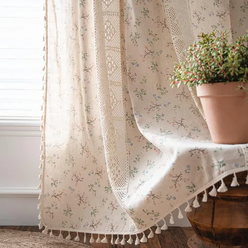 Miniatura 6 de Deeprove Cortinas bohemias para dormitorio, rayas huecas de ganchillo crema y estampado floral, tela de lino de algodón, con borlas beige bohemias