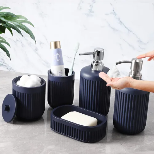 Miniatura 17 de XLHOMO Juego de accesorios de baño de resina beige de 5 piezas, dispensador de jabón y loción, soporte para cepillo de dientes, vaso de baño, porta