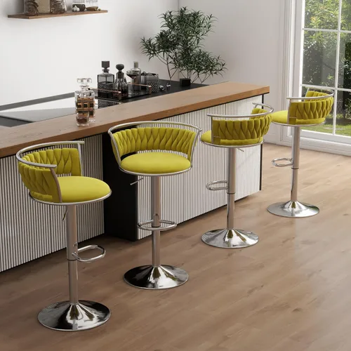 Miniatura 14 de Juego de 2 taburetes de bar giratorios de 360°, silla de bar de terciopelo ajustable a altura de mostrador moderna, taburete de metal plateado