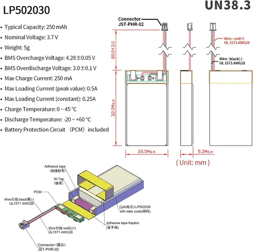 Miniatura 2 de EEMB Batería de polímero de litio 502030 de 3,7 V 250 mAh con conector JST PH de 0.079 in, batería recargable Lipo para VXI Blue Parrott-Check