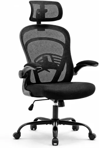 Silla de oficina ergonómica de malla, silla de escritorio de respaldo alto con soporte lumbar ajustable y reposacabezas, reposabrazos abatibles,