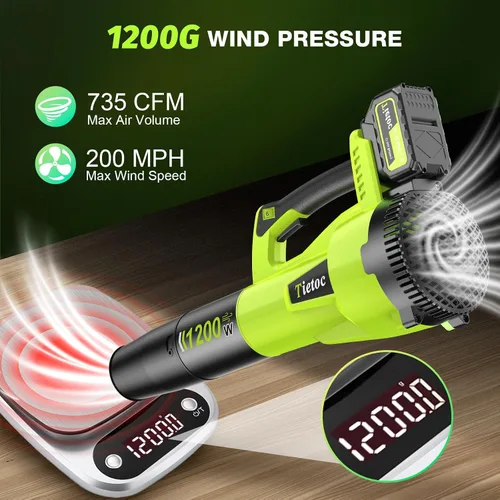 Miniatura 6 de Tietoc Soplador de hojas inalámbrico, soplador de hojas eléctrico sin escobillas de 1200 W con 2 baterías de 5.0 Ah, potentes sopladores de hojas