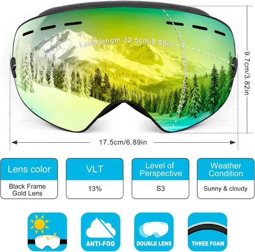Miniatura 3 de SPOSUNE Gafas de esquí sobre lentes, gafas de nieve para hombres, mujeres, jóvenes, snowboard, esquí, gafas de nieve antivaho UV400 Sg-003-dorado