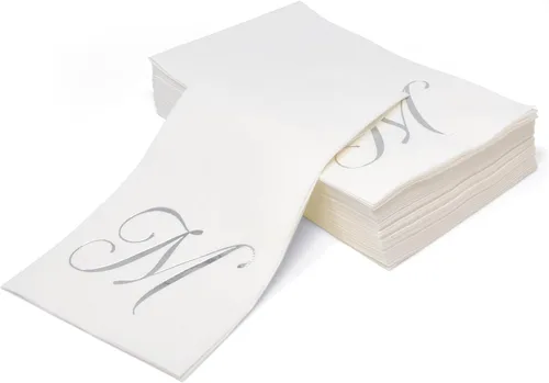 Miniatura 2 de Gift Boutique 100 Servilletas de Papel Desechables con Monograma Plateado sobre Blanco para Invitados, Letra M, Elegante Servilleta de Mano