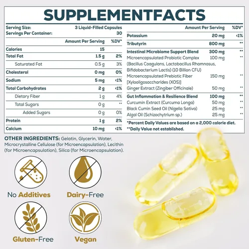 Miniatura 2 de Suplemento de tributirina para intestino e inmune de 800 mg Alta biodisponibilidad con probióticos y prebióticos microencapsulados - Complejo