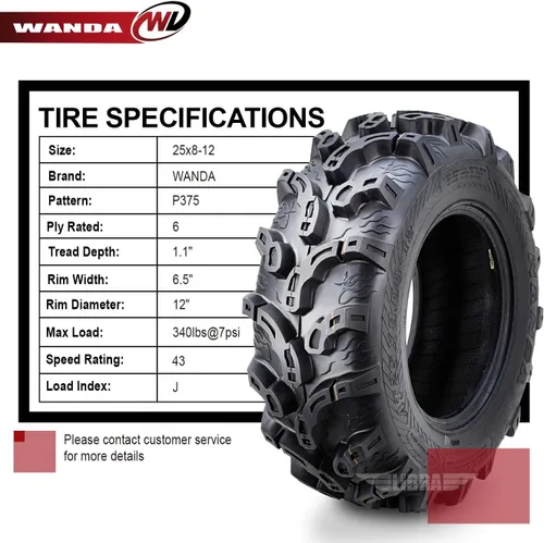 Miniatura 4 de WANDA Juego de 4 neumáticos Premium ATV/UTV 25x8-12 25x8x12 delanteros y traseros Super Lug Mud