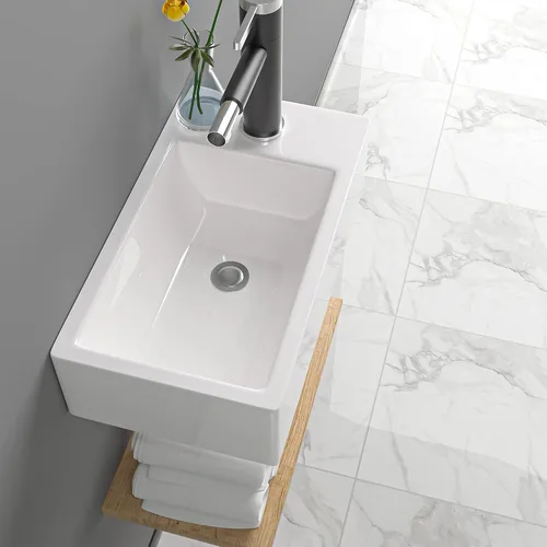 Fregadero de esquina de baño pequeño de 18 x 10 pulgadas, fregadero rectangular blanco moderno para colgar en la pared Montaje en pared blanco
