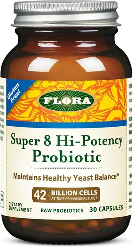 Flora Super 8 Probióticos de alta potencia, 30 unidades, equilibrio saludable de levadura y salud digestiva, para hombres y mujeres, 42 mil millones